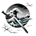 Samurai sword cutting through kanagawa waves with cherry blossoms floating in the background tattoo design idea