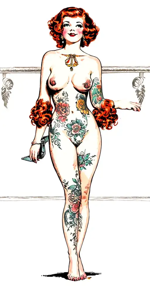 traditional-style pin-up girl with red curly hair and naked. She should have vintage features tattoo design idea