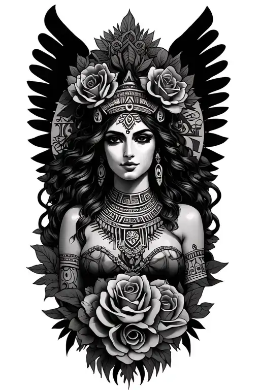 godess with roses and aztec symbols incorporated tattoo design idea