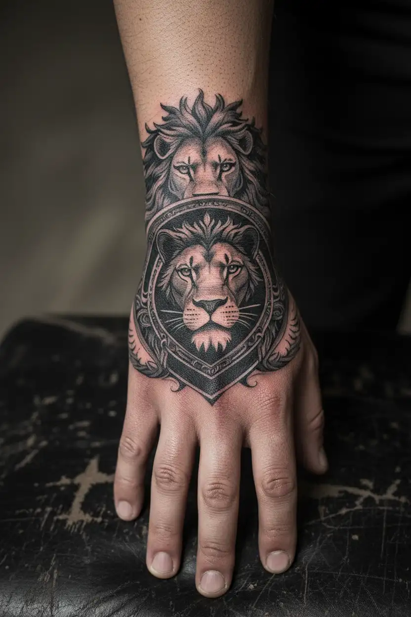 round shield versace lines with lion i. the middle tattoo design idea