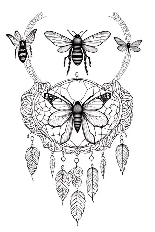 butterflies, dream catcher, bees, honey combs, mandalas, moon, starts  tattoo design idea