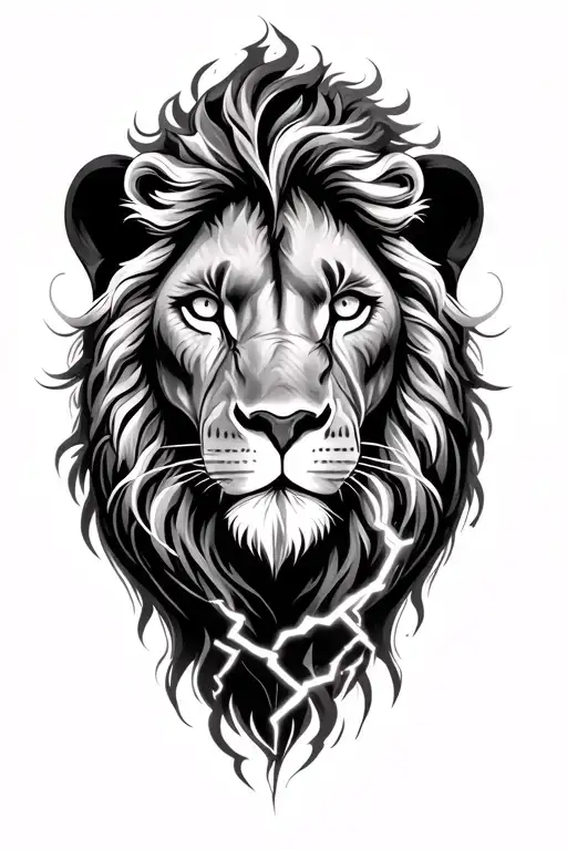 realistic lions head, clouds,  lightning,  leo, unconditional love symbol, white eyes, white lightning tattoo design idea