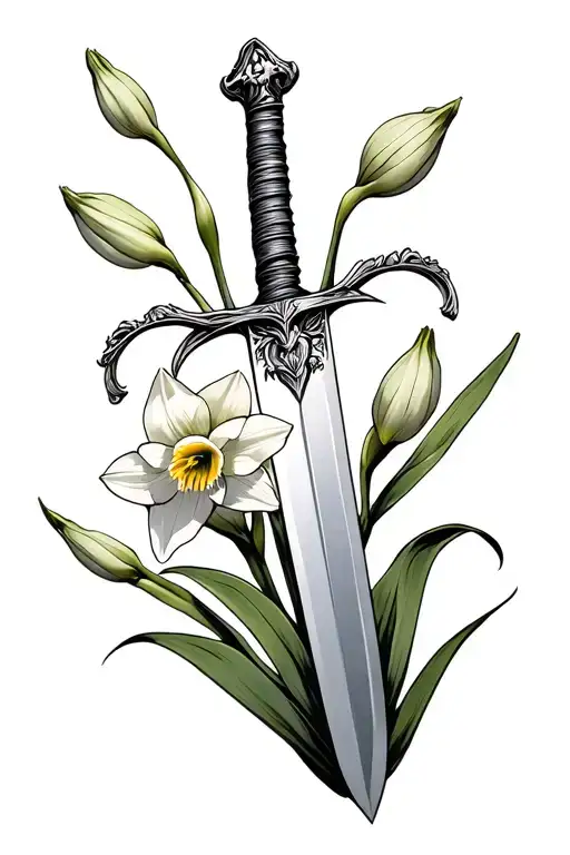 Use a sword as a base and add narcissus flower budding off of it tattoo design idea