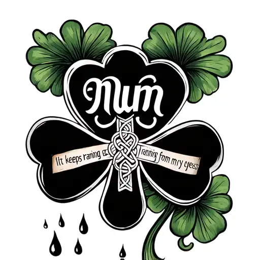 Celtic cross with inlaid shamrock with the words mum it keeps raining and raining tears from my eyes on the shamrock  tattoo design idea
