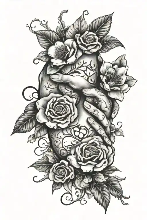 realistic tattoo with two men's hands in prayer, a blueberry blossom flower, and a broken love heart tattoo design idea