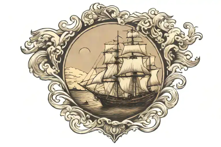 majestic sailing ship and deserted island landscape tattoo design idea