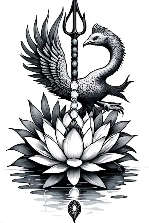 pisces sign, neptune trident, water lily, phoenix, chakras tattoo design idea