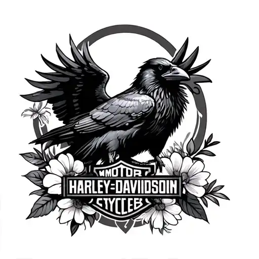 raven with open wingspan holding Harley Davidson logo standing in flowers. tattoo to fit on neck, chest and head  tattoo design idea