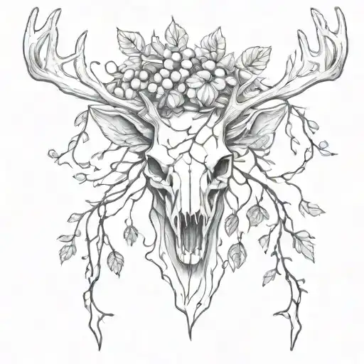 deer head skeleton and grapevines tattoo design idea