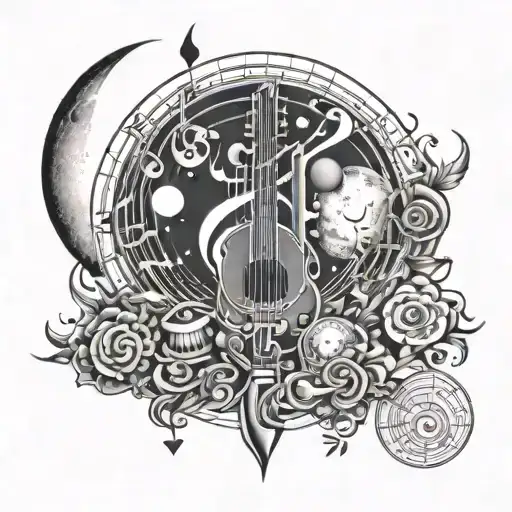 An abstract tattoo design incorporating musical instruments and moon phases, representing your passion for music and the mysterious allure of the moon tattoo design idea