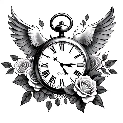 Dove with Pocket Watch and Roses and Moon tattoo design idea