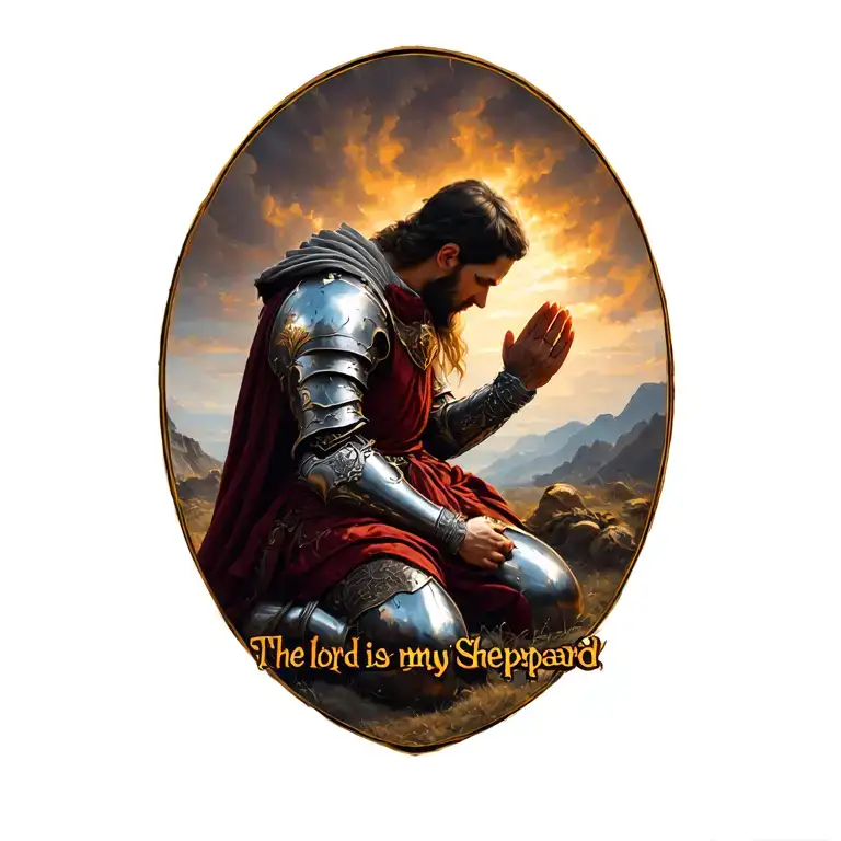 "The lord is my Shepard " full armor saprtin warrior. kneeling praying tattoo design idea