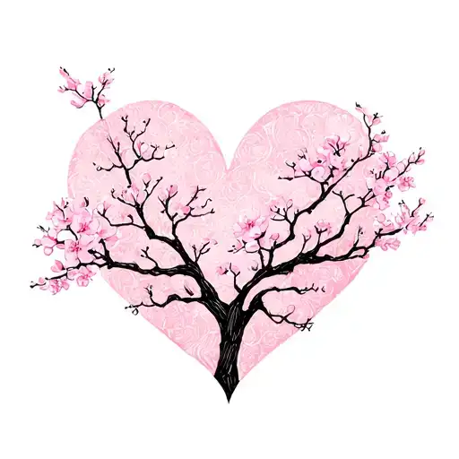 girly, pink, black, flower, heart, cherry blossom tree tattoo design idea