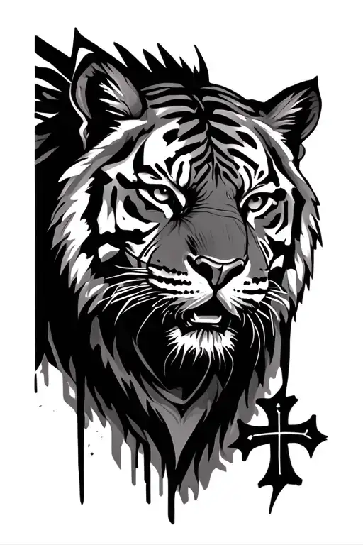 tiger face with cross in fur tattoo design idea