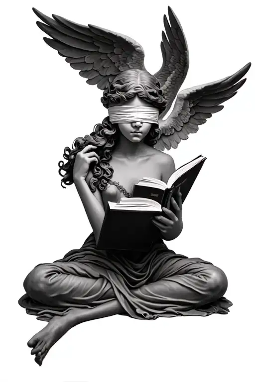 a blindfolded angel reading a book while shushing tattoo design idea