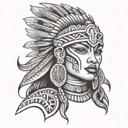 sexy Aztec warrior princess with fangs  tattoo design idea