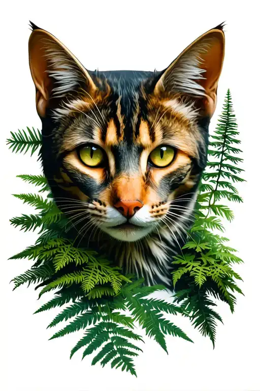 germany black forest, fir trees, ferns, wild cat face, mountains tattoo design idea