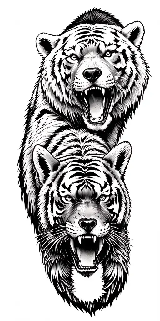 snowy mountains and wild animals: tiger, bear, wolverine tattoo design idea