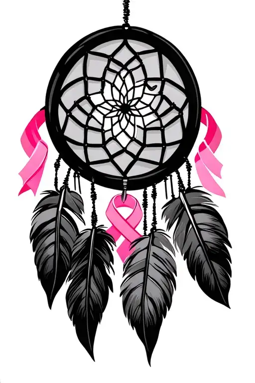 dreamcatcher intertwined breast cancer awareness ribbon in centre tattoo design idea