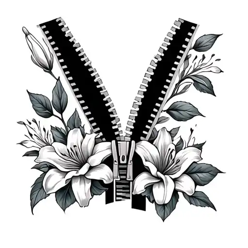 zipper partially open with roses and lily growing tattoo design idea