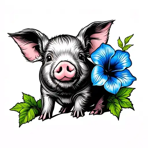 traditional style tattoo with a baby pig and a blue morning glory flower tattoo design idea