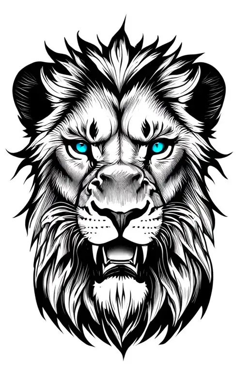 Imagine A Roaring Lion's Face,Drawn In Sharp,Minimalist Lines. The Expression Is Intense,dark blue eyes... Tattoo tattoo design idea