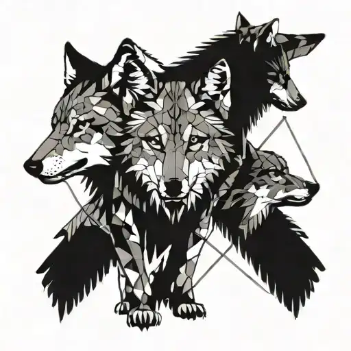 She-wolf with two wolf cubs each on one side facing and standing and the she-wolf protecting, in the geometric style totally tattoo design idea
