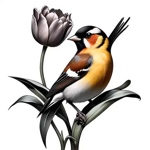goldfinch and tulip flower tattoo design idea