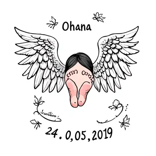 ohana with angel wings and baby feet with the date 24.05.2019 tattoo design idea