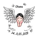 ohana with angel wings and baby feet with the date 24.05.2019 tattoo design idea