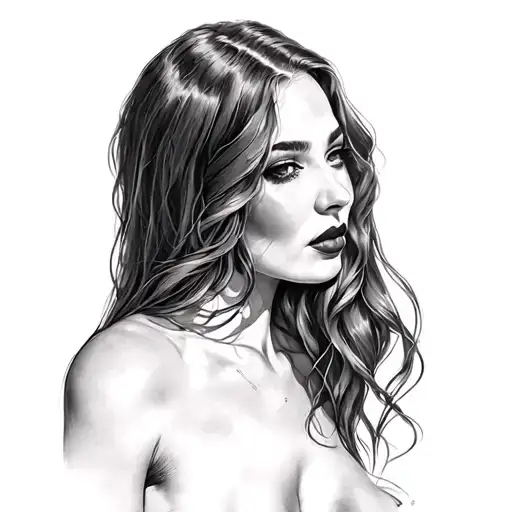 Can you make me a drawing for a black and white tattoo taking up a sexy woman long hair with just pears tattoo design idea