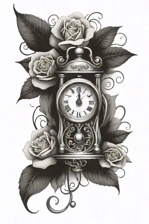 clock tattoo with rose and lock and key background tattoo design idea