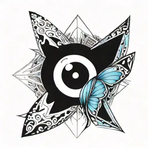 Eye of god in a spiritual style featuring a bright blue butterfly  tattoo design idea
