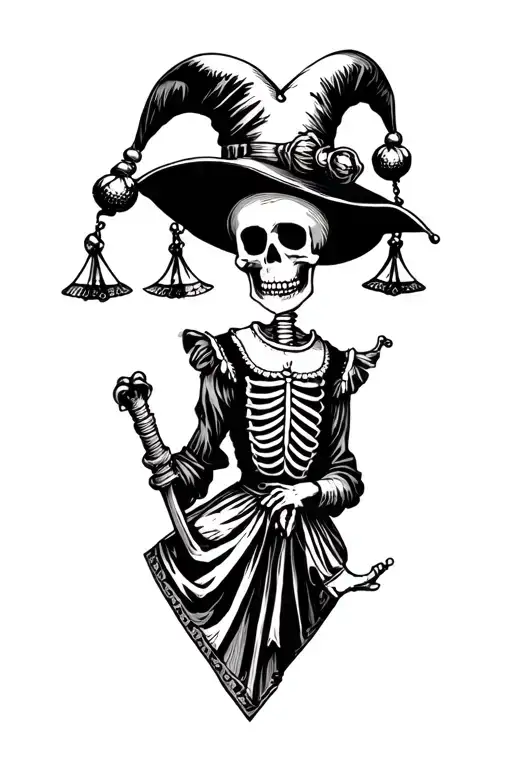 Blackwork tattoo in medieval woodcut / engraving style. A skeleton jester wearing a floppy hat with bells, puffed tunic, tattoo design idea