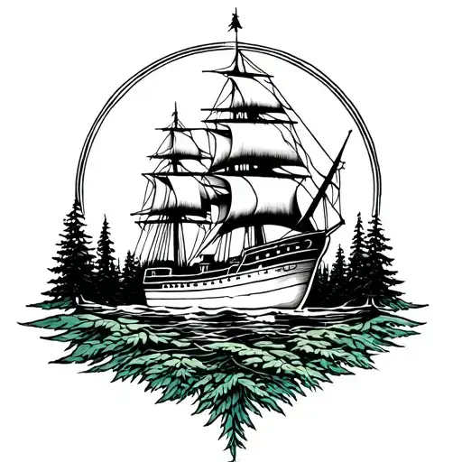 Ship inside evergreen tree tattoo design idea