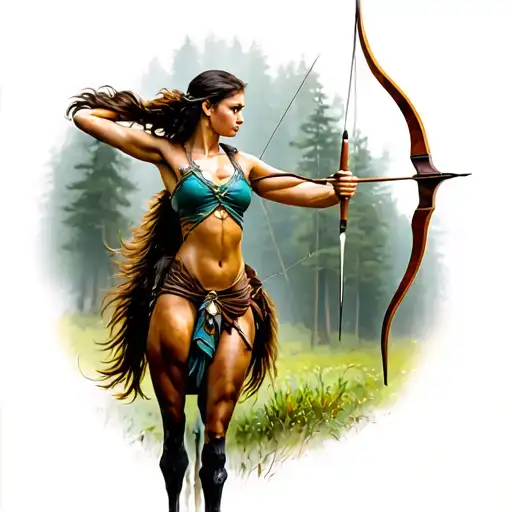 Centaur woman who is archery with forest in the background tattoo design idea