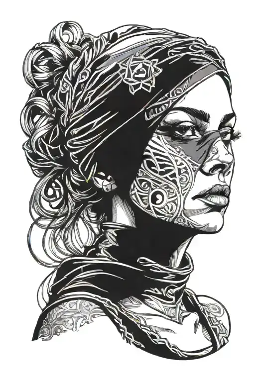 widow woman blindfolded front face tattoo design idea