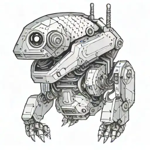 A futuristic robotic pet inspired by the client's love for technology and their pet, designed in dotwork style tattoo design idea
