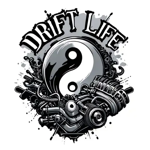 "Drift Life" Engine V8 motor and ying yang symbol tattoo design idea
