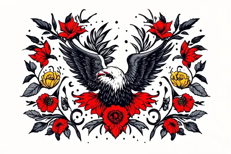 American traditional tattoo flash, clean lines, bold black outlines, solid color fills (limited palette of red, yellow, tattoo design idea