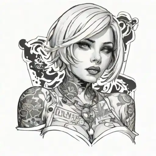 Sexy girl, Huge boobs, cleavage, petite, pure white eyes, torn clothing, short white bob hairstyle, waist up view  tattoo design idea