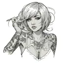 Sexy girl, Huge boobs, cleavage, petite, pure white eyes, torn clothing, short white bob hairstyle, waist up view  tattoo design idea