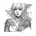 Sexy girl, Huge boobs, cleavage, petite, pure white eyes, torn clothing, short white bob hairstyle, waist up view  tattoo design idea