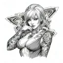 Sexy girl, Huge boobs, cleavage, petite, pure white eyes, torn clothing, short white bob hairstyle, waist up view  tattoo design idea