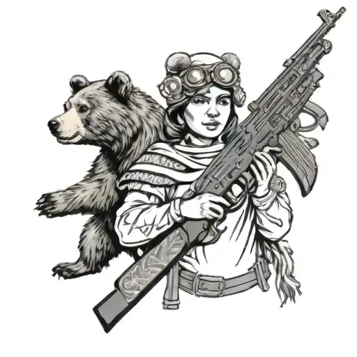 Slavic girl in kokoshnik with a machine gun in her hands on a bear in old school style tattoo design idea