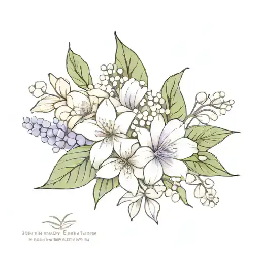 small fine line birth flower tattoo bouquet, violet, lily of the valley and chrysanthemum, tattoo design idea