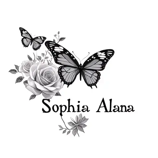 the name Sophia Alana with butterflies and roses growing tattoo design idea