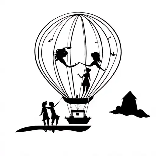 air balloon with two girls inside the gondola,representing friendship and travel tattoo design idea
