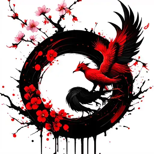 brushed enso circle with cherry blossoms and brushed phoenix tattoo design idea