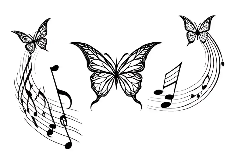 three goddess symbol surrounded buy butterfly and music notes tattoo design idea